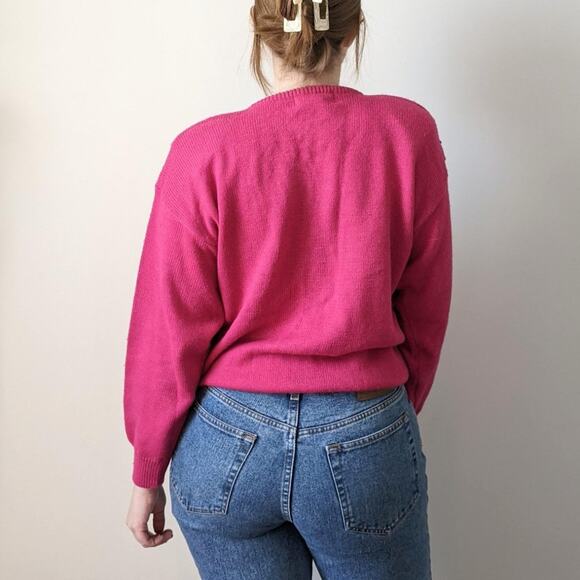 Vintage 80s 90s Pink Gold Sequins Sequined Floral Crewneck Funky Sweater 1980s L - Picture 4 of 11